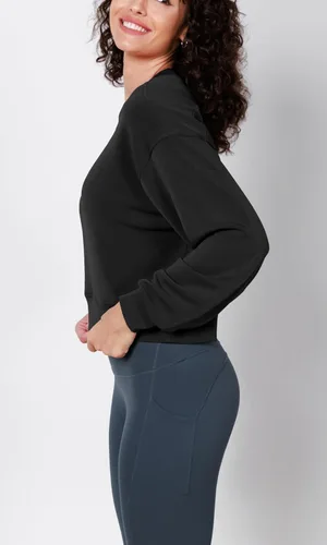 Vista 3 de ODODOS Sudaderas cortas de manga larga suaves de modal para mujer, de gran tamaño, cuello redondo