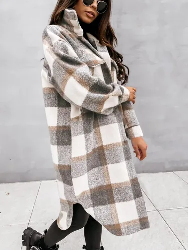 Vista 3 de Yousify Chaqueta larga con solapa a cuadros para mujer cepillada con botones y bolsillos