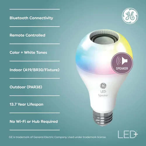 Vista 2 de GE LED+ A21 Bombilla LED, Luz LED Interior con Cambio de Color, Altavoz Inalámbrico Bluetooth con Control Remoto, 9W, Multicolor y Blanco Cálido
