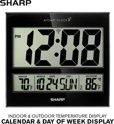 Vista 2 de Sharp Reloj de pared digital atómico, pantalla de 3", sensor de temperatura Negro