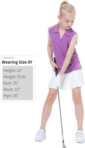 Vista 6 de EXARUS Camisetas polo de golf para niñas, sin mangas, cuello en V, tenis, atléticas, para ejercicio escolar de 5 a 12 años