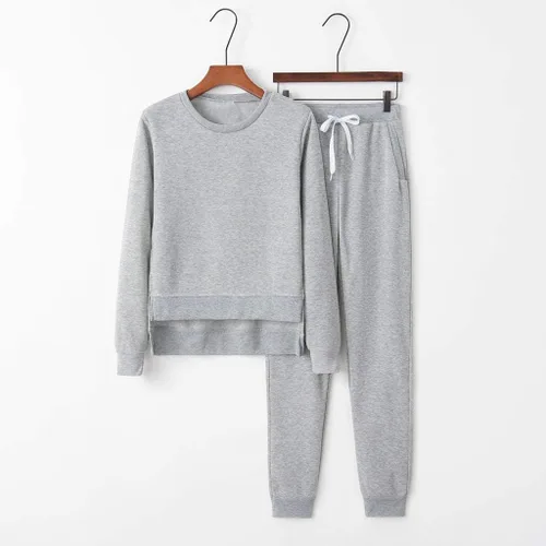 Vista 2 de Conjunto deportivo para mujer, 2 piezas, casual, de manga larga, sin botones, pantalones deportivos ligeros con abertura, pantalones deportivos
