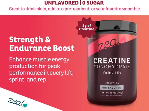 Vista 3 de Zeal - Monohidrato de creatina micronizada en polvo Creatina pura sin sabor 0.18 oz por porción, 72 porciones Apoya el crecimiento muscular