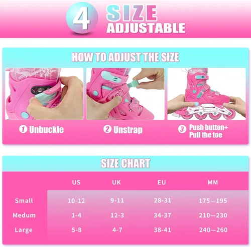 Vista 5 de Patines en línea Nattork para niñas y niños, patines ajustables con ruedas iluminadas en 4 tallas, patines iluminados para principiantes para niños