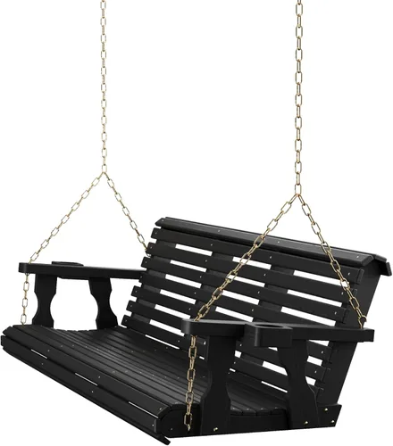 Vista 21 de Columpio Amish resistente para terraza (800 lb) con cadenas para colgar y posavasos Tinte negro semisólido