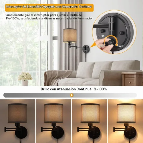 Vista 4 de GOODATE Apliques de pared regulables, lámpara de pared con brazo oscilante, juego de dos apliques de pared, lámpara de pared enchufable, juego de 2