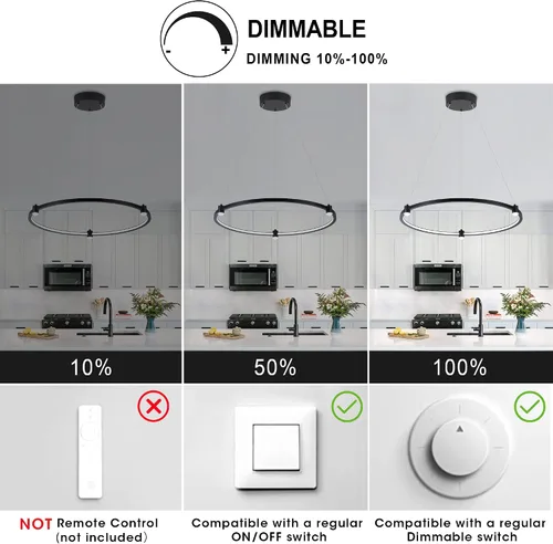 Vista 4 de Lámpara colgante LED moderna regulable de 23.6 pulgadas, color negro, 1 anillo circular, para sala de estar, comedor, cocina, oficina, vestíbulo