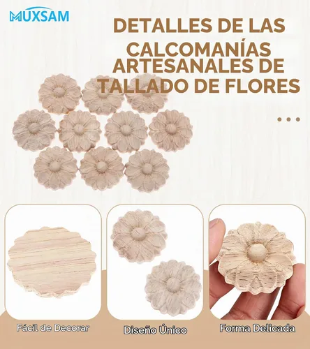 Vista 3 de MUXSAM Paquete de 10 rosetas de madera, apliques pequeños onlay, sin pintar, calcomanías redondas de tallado de flores para el hogar, armarios