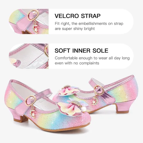 Vista 4 de Walofou Zapatos de vestir para niñas de flores, zapatos de tacón para fiesta de boda, zapatos planos de princesa Mary Jane para niños pequeños
