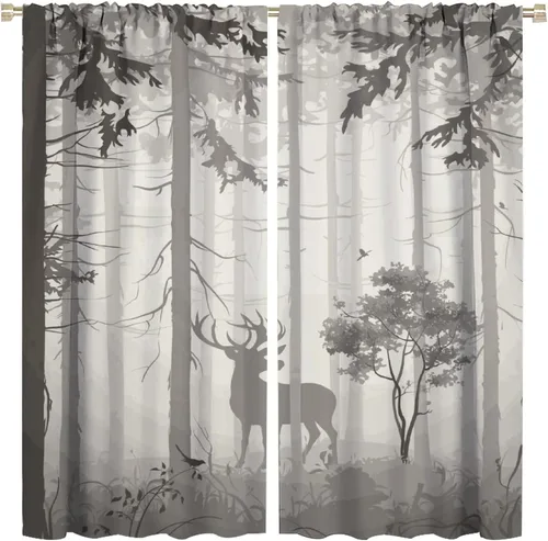 Vista 34 de Cortinas opacas con diseño de ciervos, bosque brumoso, rústico, vida silvestre, alce, montaña, pájaros, pino, bosque, cortinas de ventana