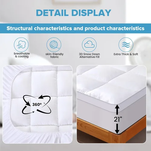 Vista 3 de VALUXE Cubrecolchón tamaño individual XL, extra grueso, funda de almohada refrescante de plumón alternativo, protector de colchón suave