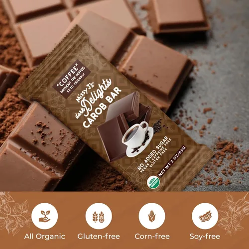 Vista 5 de Missy J's Organic Carob Dark Delights - Barra de caramelo de café sin azúcar, 3 onzas, paquete de 12 unidades, vegano, sin gluten y cafeína