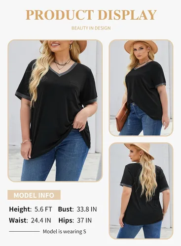 Vista 56 de Eytino Blusas de talla grande para mujer, cuello en V, manga corta, a rayas, casual, holgada, con bolsillo (1X-5X)
