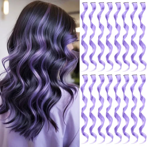 Vista 10 de 16 extensiones de cabello sintético rizado y ondulado con clip, para niñas y mujeres, coloridos resaltados para fiestas, cosplay, festival, regalo