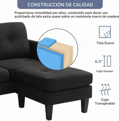 Vista 4 de Grepatio Sofá modular convertible, sofá en forma de L con tela de lino moderna para espacio pequeño (negro)