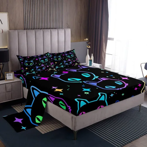 Vista 15 de Erosebridal Lindas sábanas de gato Kawaii fresa tamaño individual para niñas, diseño de arcoíris de dibujos animados, juegos de sábanas y fundas