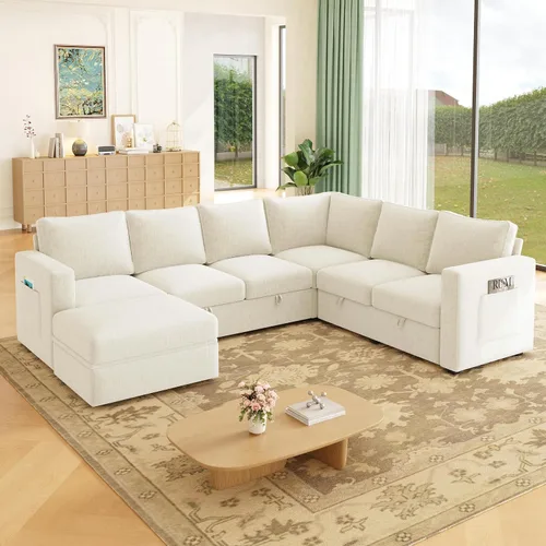 Vista 2 de Sofá modular modular en forma de U de 106.7 pulgadas con cama extraíble y almacenamiento, moderno sofá convertible de 7 asientos, cómodo seccional