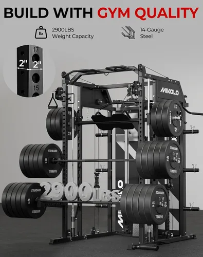 Vista 11 de Mikolo - Máquina Smith con pila de pesas, sistema de gimnasio en casa tipo jaula de potencia con tracción LAT y cruce de cable, entrenador