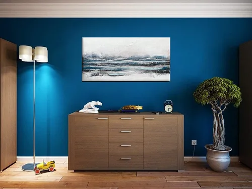Vista 7 de Waowumar Lienzo abstracto azul y gris para pared, pintura azul neblina, cuadros texturizados azul marino y plateado para dormitorio, ilustraciones