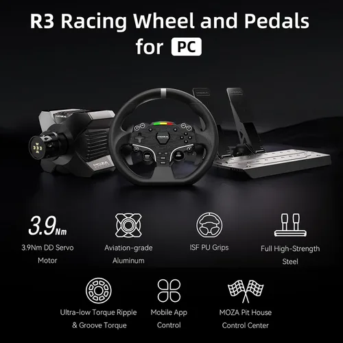 Vista 3 de MOZA R3 Racing Simulator 4PCS Wheel & Pedals bundle for PC: R3 Direct Drive Base, ES Lite Steering Wheel, SR-P Lite Pedals and Table Clamp, Black