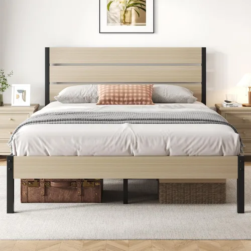 Vista 14 de Fluest Base de cama con cabecera y estribo, con almacenamiento debajo de la cama, sistema de soporte totalmente metálico, no necesita somier, fácil
