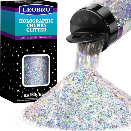Vista 8 de Leobro - Purpurina blanca, 160g/5.64oz de purpurina holográfica gruesa para manualidades, resina, uñas, cuerpo, vasos, decoraciones de fiesta