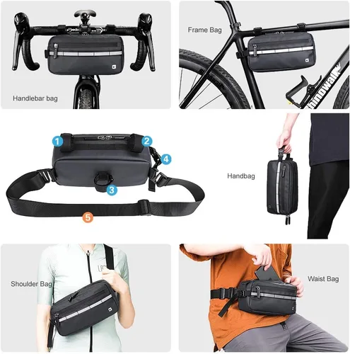 Vista 4 de Rhinowalk Bolsa de Bicicleta Impermeable, Bolsa de Manillar de Bicicleta, Bolsa de Cesta Frontal de Bicicleta, Bolsa de Hombro, Bolsa de Cintura