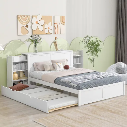 Vista 18 de VilroCaz Cama de plataforma multifunción de tamaño matrimonial con nido y cajones, plataforma de madera con cabecera de almacenamiento y enchufes