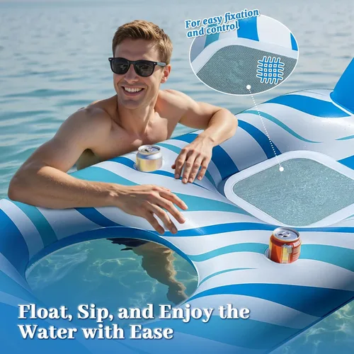 Vista 3 de Pool Float for Adults – Extra Large Inflatable Tanning Pool Float with Backrest, Footrest & 2 Cup Holders, Heavy Duty Float Lounger for Pool, Lake