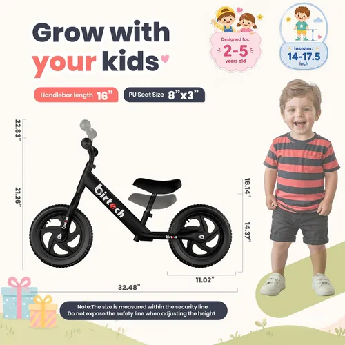 Vista 3 de Birtech Bicicleta de equilibrio para niños de 2, 3, 4, 5 años, bicicleta de equilibrio para niños de 12 pulgadas, juguetes para interiores y Negro