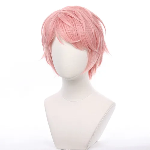 Vista 3 de XiongXiongLe Peluca corta de color rosa para cosplay, Halloween, anime, rol, disfraz de hombre, pelo sintético rizado para adultos, fiesta