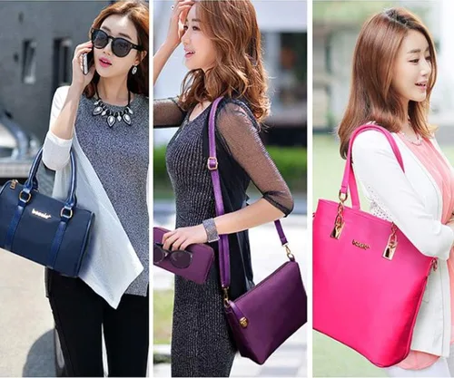 Vista 2 de Juego de 6 bolsas con asa superior de nailon para mujer, incluye bolsa grande, bolsa mediana, bolsa de hombro, cartera, bolsa de mano y llavero