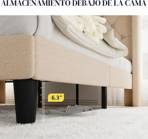 Vista 5 de Allewie Base de cama de tamaño matrimonial con cabecera copetuda con botones en la parte trasera, marco de cama tapizado moderno con soporte