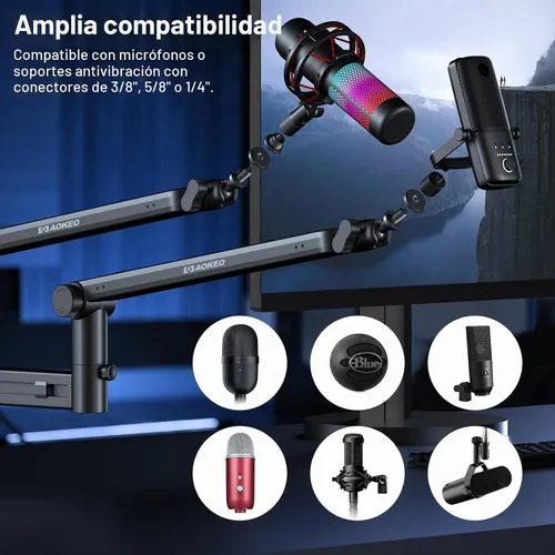 Vista 5 de Brazo de Micrófono, Aokeo AK-58 - Soporte de Brazo de Micrófono de Escritorio de Bajo Perfil Ajustable, Adecuado para Blue Yeti, Snowball iCE