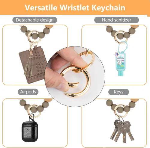 Vista 6 de Cartera llavero pulsera para mujer, delgado RFID tarjeta de crédito, monedero, borla llavero brazalete para hombres y mujeres, Arcilla, Classic