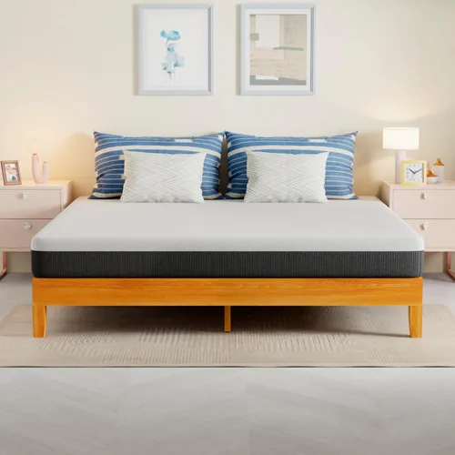 Vista 13 de PayLessHere Marco de cama de plataforma de madera, tamaño individual, marco de cama de madera maciza con cabecero, soporte de listones de madera,