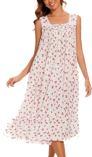 Vista 26 de AVIIER Camisones de algodón para mujer, sin mangas, vestido de casa largo con bolsillos, S-XXL Flor negra