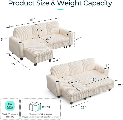 Vista 2 de LINSY HOME - Sofá seccional con cama extraíble y sofá cama deslizable, sofá convertible de pana mullida tipo nube con chaise de almacenamiento