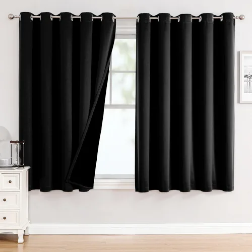 Vista 74 de ChrisDowa Cortinas 100% opacas de 63 pulgadas de largo para dormitorio con forro negro, 2 capas gruesas totalmente opacas con aislamiento térmico