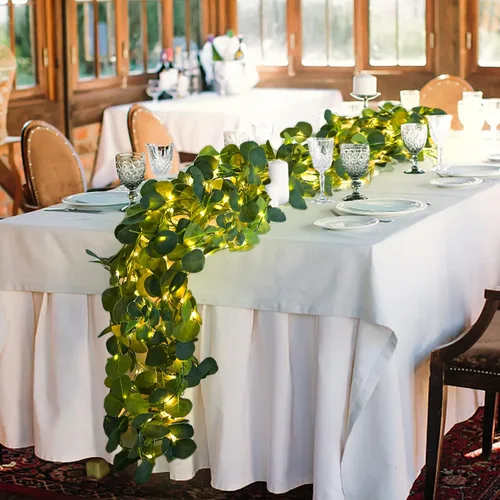 Vista 6 de Guirnalda de eucalipto iluminada con pilas de 7.5 x 3.6 pies con 120 luces LED artificiales de vegetación para bodas, fiestas, hogar, pared