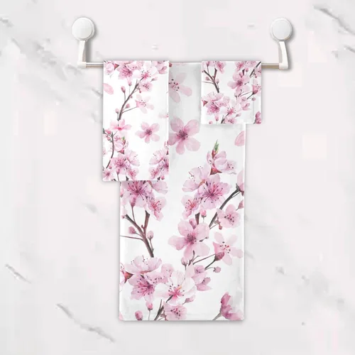 Vista 5 de Pfrewn Juego de 3 toallas de baño con diseño de flores de cerezo con flores de cerezo, toallas de baño suaves y absorbentes, toallas de mano