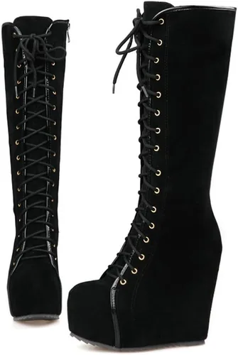 Vista 59 de Parisuit Botas góticas altas hasta la rodilla con hebilla de plataforma para mujer, tacón alto grueso, con cordones, botas de combate punk, con Negro