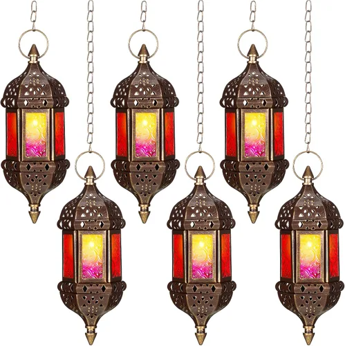 Vista 8 de Retisee 2 faroles marroquíes colgantes hexagonales decorativos marroquíes, portavelas colgantes para interiores y exteriores, para patio, bodas