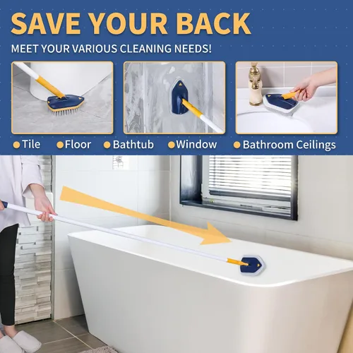 Vista 2 de BOOMJOY Cepillo limpiador de tina con mango largo, extensible de 58 pulgadas 3 en 1 Cepillo limpiador de bañera con mango largo, cepillo de limpieza