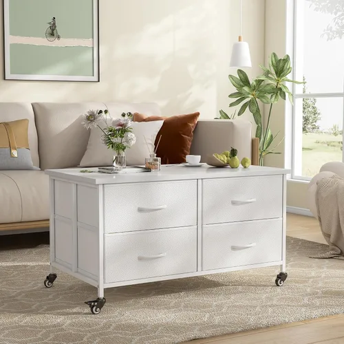 Vista 5 de EnHomee - Mesa de café con almacenamiento, mesas de café modernas para sala de estar con 4 ruedas, mesa central con cajón de tela y gran espacio