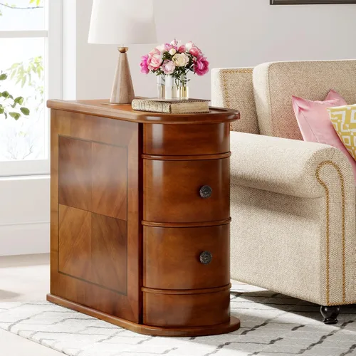 Vista 14 de Mesa auxiliar de madera con 2 cajones, no requiere montaje, mesa auxiliar estrecha para sofá para sala de estar, mesita de noche delgada vintage
