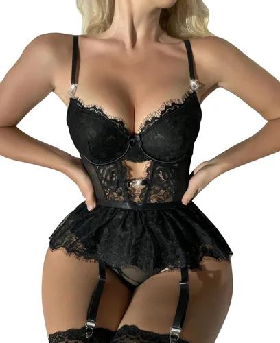 Vista 4 de Lilosy Conjunto de lencería sexy con aros de encaje floral de encaje transparente, 2 piezas
