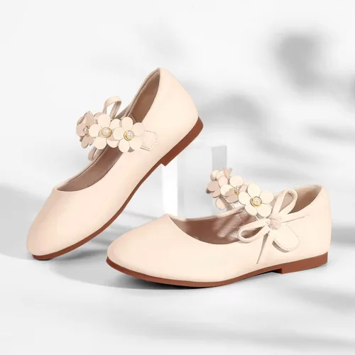 Vista 6 de PANDANINJIA Zapatos de vestir para niñas pequeñas, zapatos planos de flores con perlas, lazo Mary Jane, zapatos de flora para fiesta de boda