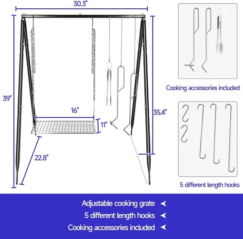 Vista 2 de Bruntmor - Soporte de cocina para fogata, parrilla para utensilios de cocina, horno holandés Bruntmor patas plegables ajustables con ganchos