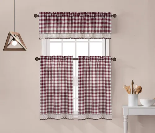 Vista 4 de Decotex Juego de 3 cortinas y cenefa de cocina con adornos de encaje de ganchillo a cuadros de búfalo